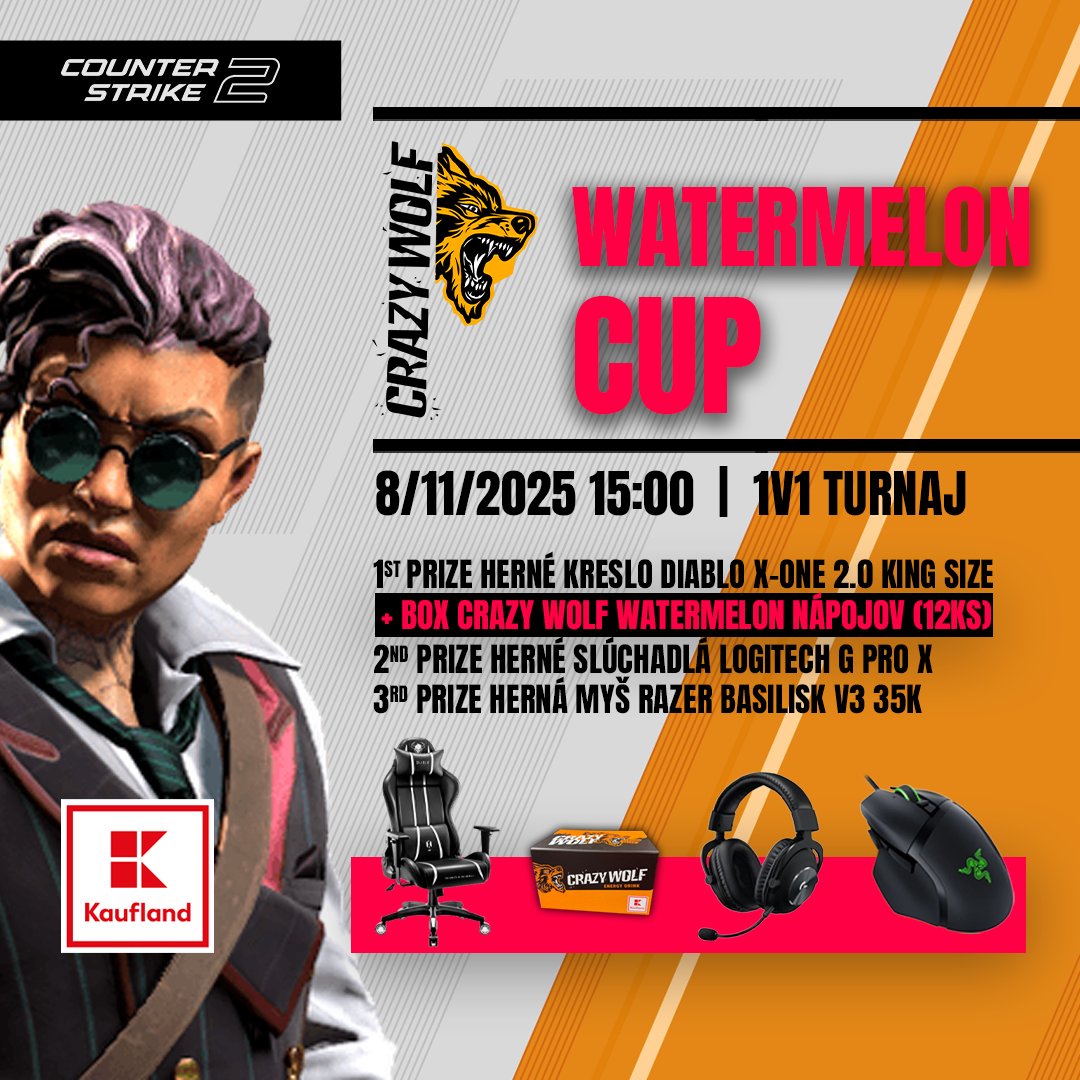 Prichádza ďalší YGames #CrazyWolf Cup - tentoraz s príchuťou melónu!🍉Opäť prichádza výmena hier, takže vás čakajú 1v1 súboje v hre Counter-Strike 2.🏆

Zahrať si o skvelé herné ceny budeš môcť už 8.11.2025 a víťaz získa k hlavnej cene aj box plný energie vo forme Crazy Wolfov.