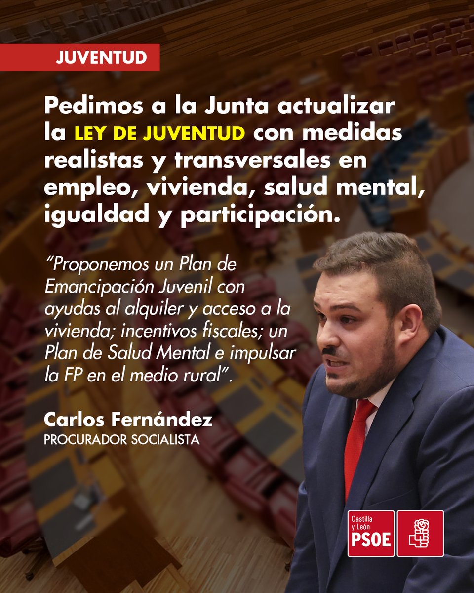 Mañueco abandona a los jóvenes. Proponemos:

✔️Actualizar la Ley de Juventud de Castilla y León.
✔️Plan de Emancipación Juvenil con ayudas al alquiler y acceso a la vivienda e incentivos fiscales.
✔️Plan de Salud Mental y Bienestar Juvenil.
✔️Impulsar la FP vinculada al medio