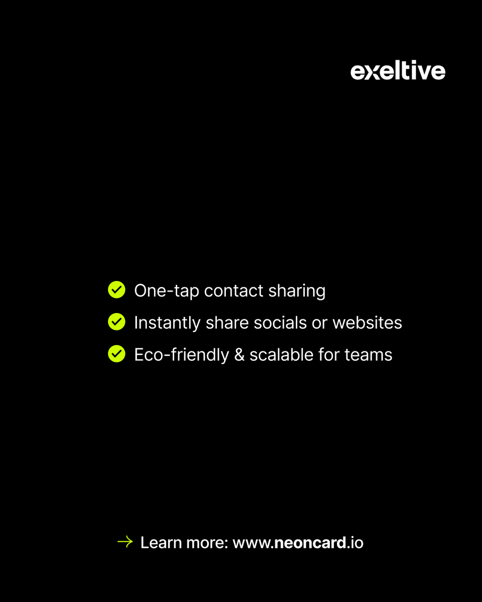 exeltive's tweet photo. 👋 Make every connection unforgettable!

https://t.co/KYZ1ksl7AH, built by the team at Exeltive, transforms networking:
📱 One-tap NFC business cards
🌍 Share contact info, socials, or websites instantly
♻️ Eco-friendly &amp; scalable
👉 https://t.co/FlyCgFRRim

#exeltive #nfc https://t.co/xLX8T05oQS