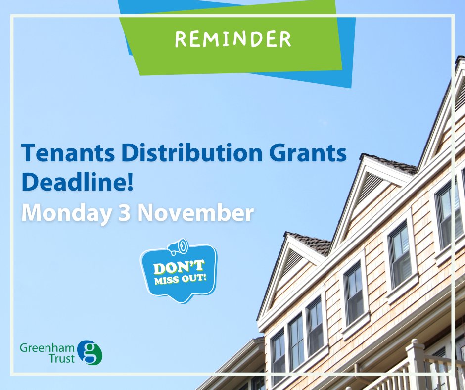 Tenants Distribution Grants: Deadline Alert 🕒

Submit your application on The Good Exchange platform by Monday 3rd November to ensure your eligibility for funding opportunities.

Apply today at: thegoodexchange.com 📢

#TrustGreenham #TenantsDistributionGrants
