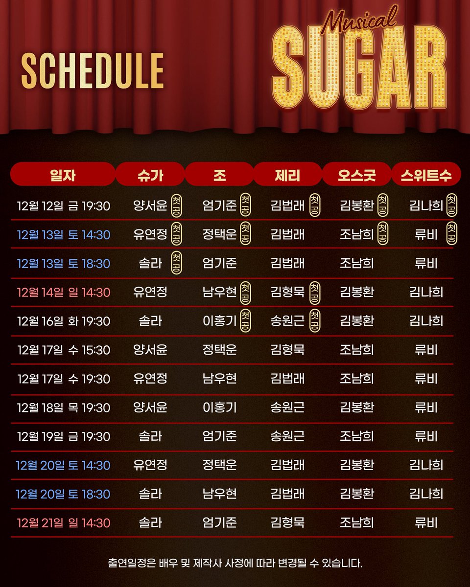 PR_COMPANY_'s tweet image. #뮤지컬 #슈가
𝑺𝑼𝑮𝑨𝑹
❤️🔥 1차 캐스팅 스케줄 안내
1ST TICKET OPEN
🎷10.22(수) 2PM
1차 공연 기간: 12.12(금)~12.21(일)
NOL 티켓: tickets.interpark.com/contents/notic…
예스24 티켓: ticket.yes24.com/New/Notice/Not…
-
한전아트센터
2025.12.12~2026.02.22