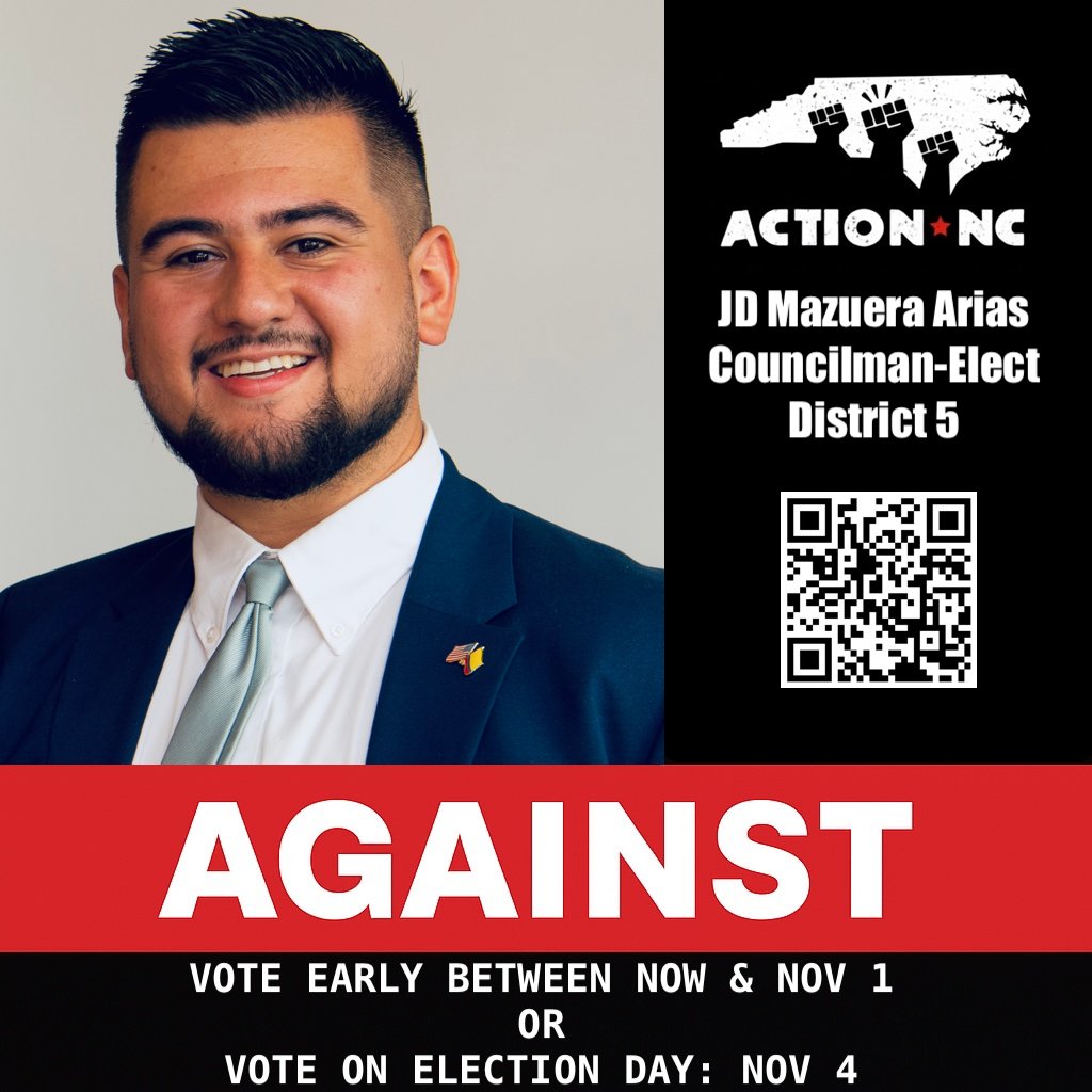 Action_NC's tweet image. Councilman-Elect JD Mazuera Arias of District 5 is voting AGAINST the transit tax.

No transparency. No safeguards. No thanks.

Vote early now thru Nov 1
Vote AGAINST on Nov 4

🗳️ #CommunitiesOverContracts #StopDisplacement #VoteNO #JD4CLT #TransitTax #CLTlocal #District5