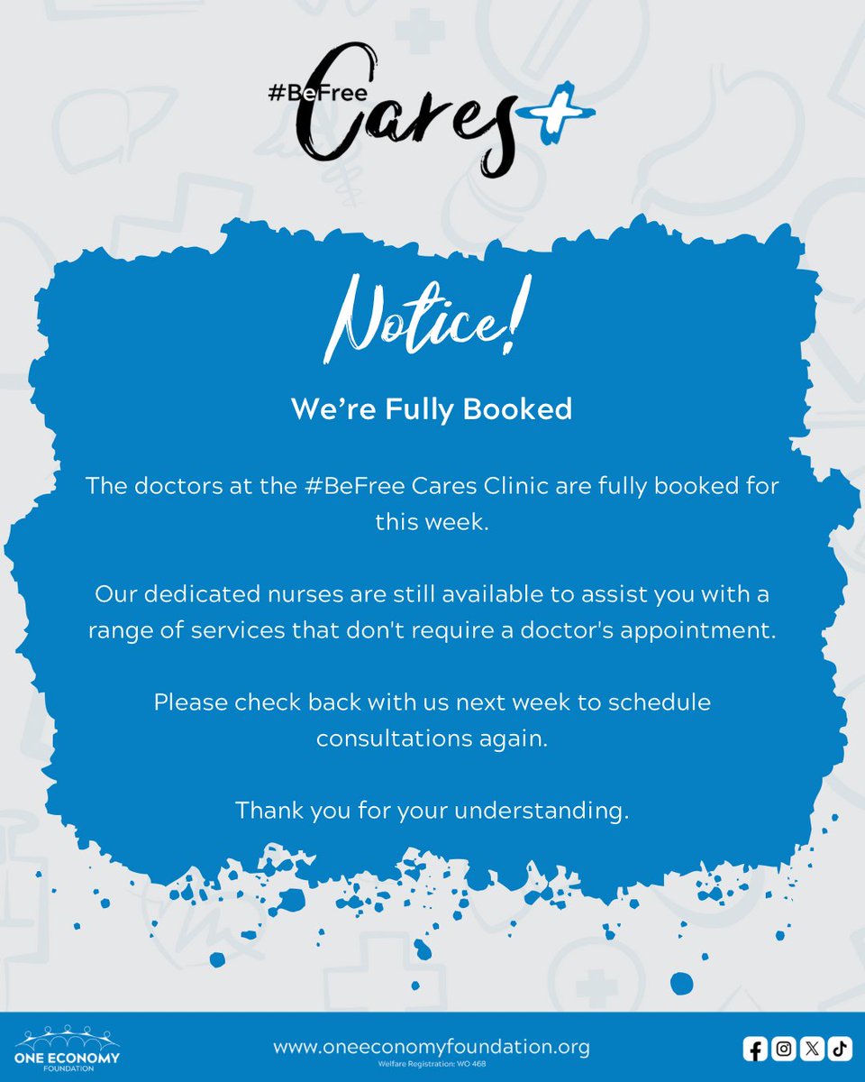 📌 Kindly note that our doctors are fully booked for this week.

Please call us back next week to book an appointment.

Thank you for your understanding!
