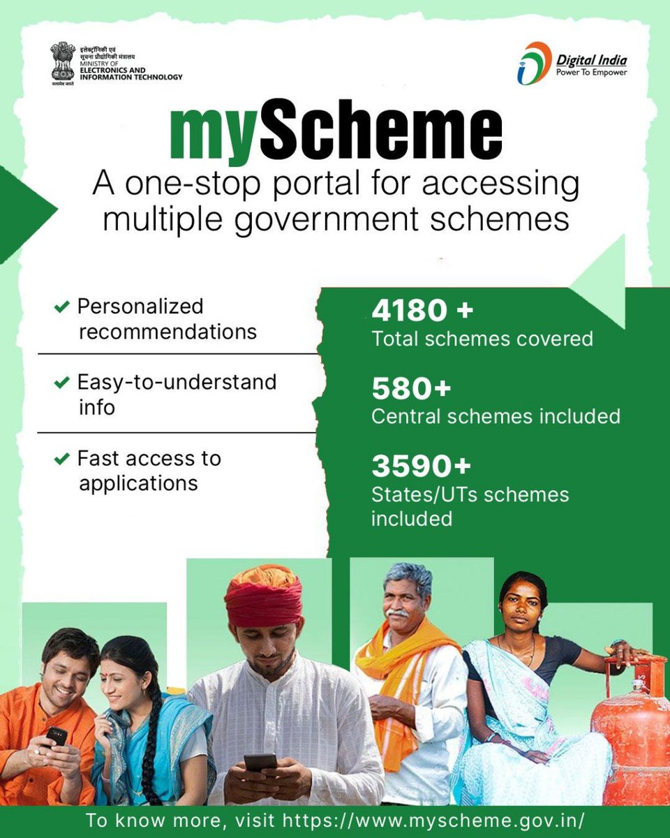 _DigitalIndia's tweet photo. Access Government schemes all in one place! 

With myScheme, explore 4180+ government schemes, including 580+ central and 3590+ state/UT schemes.

Enter your details, get matched with the right schemes, and get all the information you need to apply quickly.

You don’t need to browse multiple websites now. Visit myScheme at https://t.co/PNyMEIipe5. 

#Scheme #myScheme #DigitalIndia #DigitalInclusion #publicservice #StayInformed #GovernmentScheme #DigitalIndia