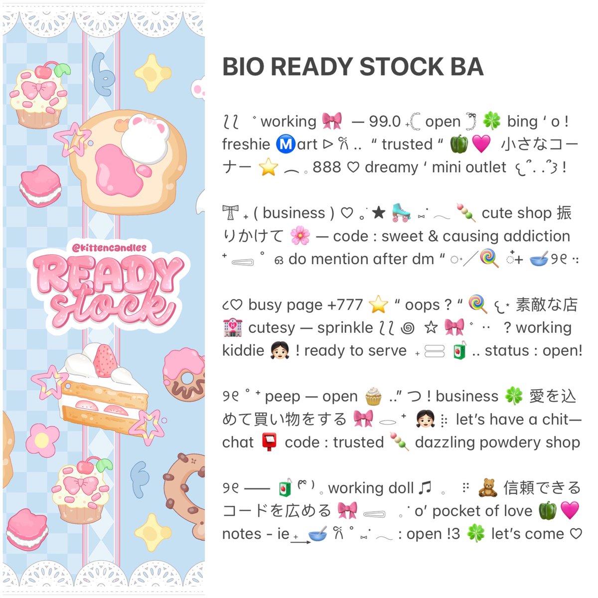 kittencandles's tweet photo. :¨ ·.· ¨:
  `· .  ୨୧   retweet  are  appreciated! thank  you  sweetheart <3<3

hi dear..  i’m  back  again  with  10  bio  ready  stock  special  untuk  BA  with  price  only  3.5OO/each.   go  grab  yours  bebe  🩷⭐️🫑!

🍊 ( #zonauang #zonaba) https://t.co/AaJ6MYa9eg