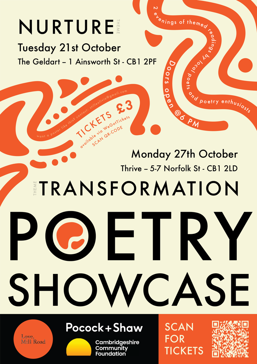 Don’t forget our Poetry Showcase evenings are tomorrow (Tues 21st) at The Geldart, and Monday 27th at Thrive. Get your ticket at wegottickets.com/LoveMillRoadEv… #poetry #spokenword #Cambridge #MillRoad