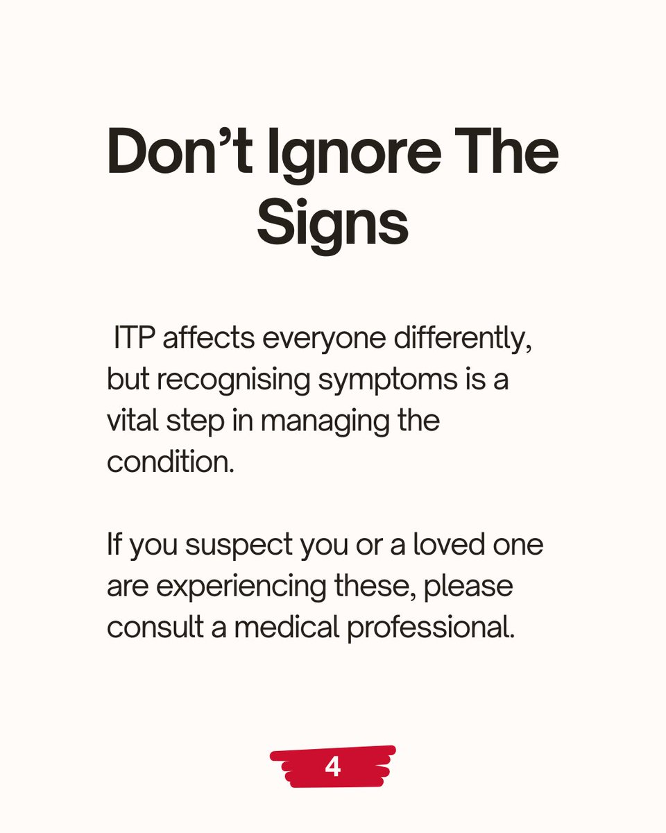 ITPSupportAssoc's tweet image. Understanding ITP: The Common Symptoms 💜
ITP affects everyone differently, but recognizing common symptoms is a vital step in managing the condition. Swipe through to learn more about the signs that often lead to a diagnosis or require attention.
From visible clues like easy…
