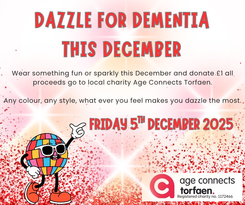 Join us this December and #DazzleForDementia! 
We’re asking schools, businesses &amp; community groups to wear something sparkly or hold a fundraiser to support our new dementia nature area at Widdershins 🌿
Let’s make Torfaen shine for a great cause! #fundraising #charity #dementia