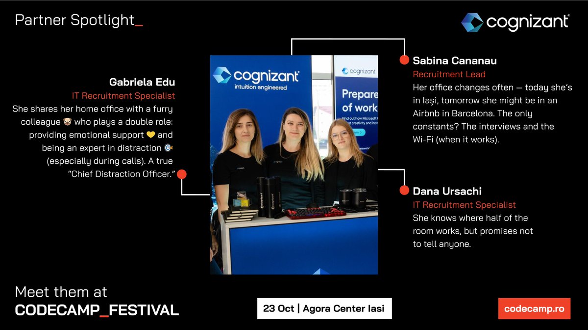 Codecampro's tweet image. Time for a Partner Spotlight on the team that keeps the tech world moving: Cognizant!

Meet the awesome IT Recruitment Specialists ready to connect with you at Codecamp_Festival Iasi:
codecamp.ro/codecamp-festi…!
📅 23 October
📍 Agora Center Iasi