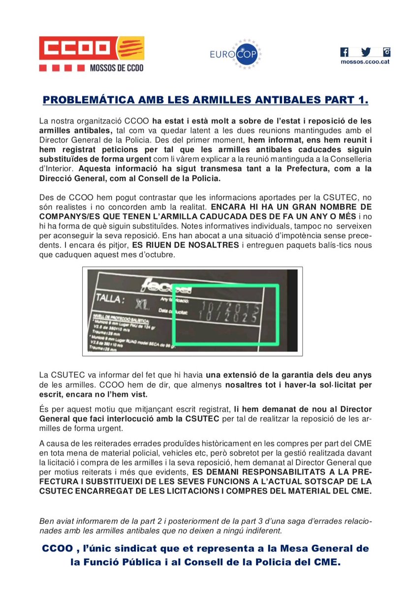 🔴 CCOO denuncia la gestió vergonyosa de les armilles antibales al CME.
Des de CCOO Mossos exigim el relleu immediat del responsable actual de licitacions i compres del material policial i que s’assumeixin responsabilitats per aquesta mala gestió.
<a href="/ccoocatalunya/">CCOO de Catalunya</a>
<a href="/ccoo_fsc_cat/">fsc-ccoo ➕drets➕ democràcia➕sindicat</a>