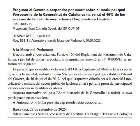 🚆Aquesta és l'escueta i molt poc argumentada resposta del @Govern sobre la venda de la majoria d'accions de <a href="/FGCcorporatiu/">FGC Corporatiu</a> de la filial Cargometro a un capital estranger (Captrain).

Una privatització com aquesta no ajuda a impulsar el transport ferroviari de mercaderies.