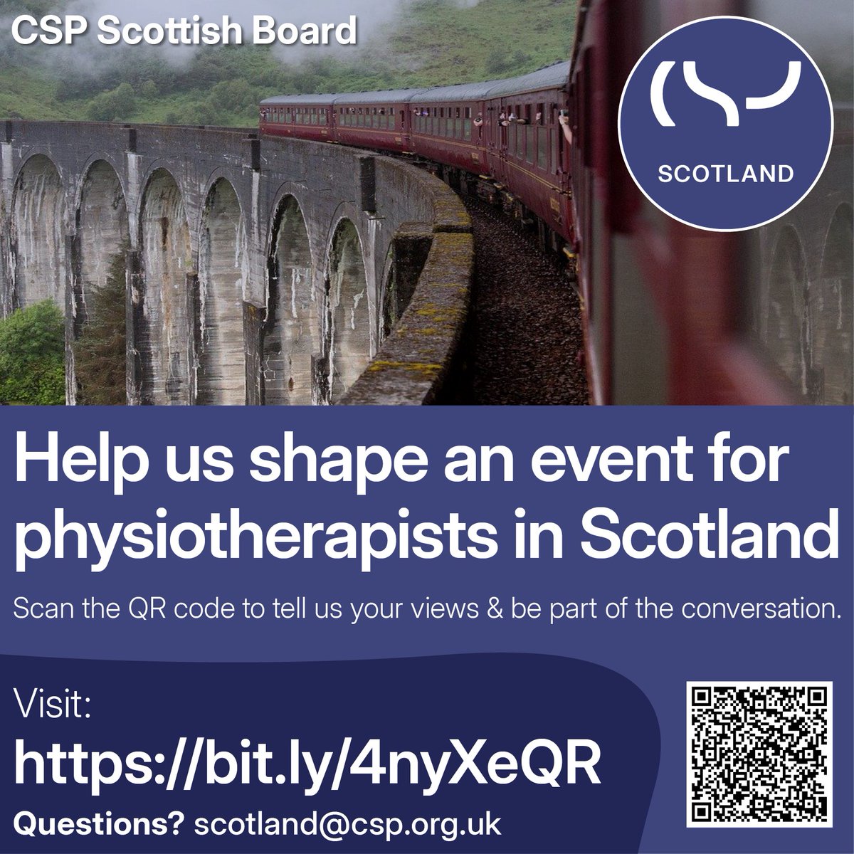 CSP Scotland (@cspscot) on Twitter photo The <a href="/ScotBoardCSP/">CSP Scottish Board</a> want to hear from you to help shape an event for and with physiotherapist throughout Scotland. Complete the survey below to have your say: forms.office.com/e/KwxY7R1V9T The <a href="/ScotBoardCSP/">CSP Scottish Board</a> want to hear from you to help shape an event for and with physiotherapist throughout Scotland. Complete the survey below to have your say: forms.office.com/e/KwxY7R1V9T