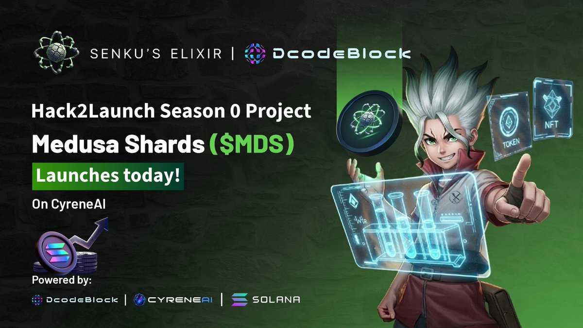 dcodeblock24's tweet image. LAUNCH ALERT: $MDS IS GOING LIVE TODAY

The first token born from Hack2Launch Season 0 is here.

Medusa Shards ($MDS) — the core token powering the @SenkusElixir universe;

Drops today · 20 Oct · 5:30 PM UTC ⚡
Exclusively on @CyreneAI, built on Solana 🧬

This isn’t another meme…