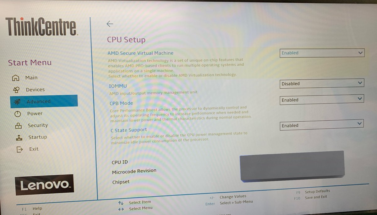7mencho's tweet image. Lenovo M75q Gen2 でHyper-Vを動かす件、UEFIのCPU設定項目の IOMMU をdisabledにすることでAMDドライバで動かす事に成功しました。
#本投稿による損害等の責任は負いません