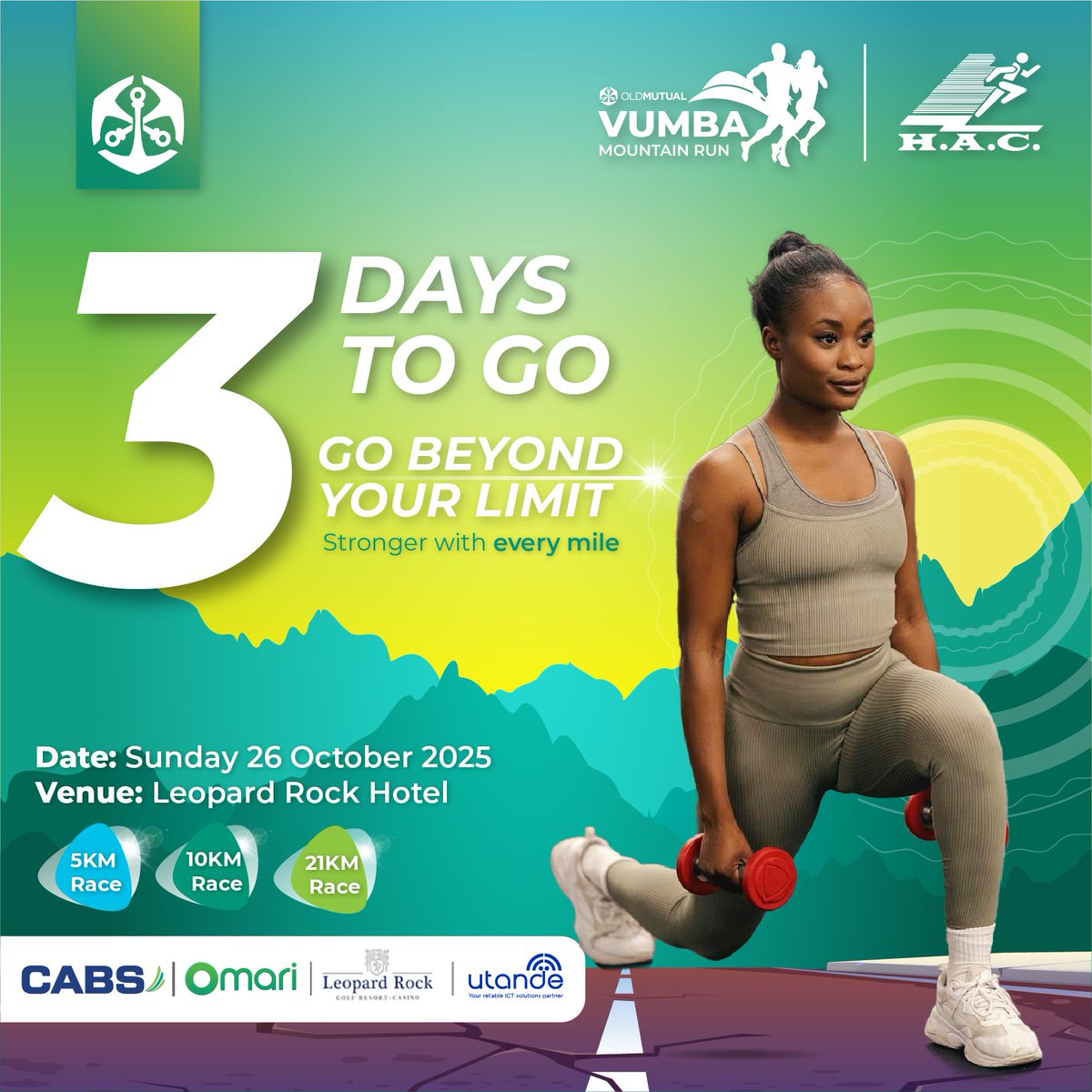 OldMutualZW's tweet image. 3 Days to Go! ⏳

The countdown is on! In just 3 days, we hit the streets for the Old Mutual Vumba Marathon 2025. See you at the starting line on the 26th of October!

#3DaysToGo #OldMutualZw #VumbaMarathon2025 #GetReady #GoBeyondYourLimit