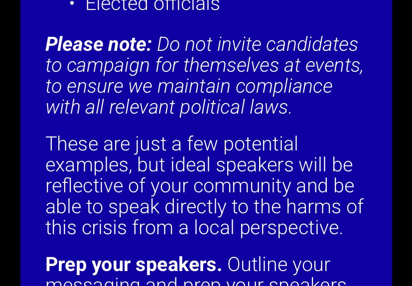 Sorry everyone thought I included source! This is all from their website and toolkits. I think this is driving a lot of observations about age of attendees / “sudden dispersals” etc., the events were  designed around compliance &amp; a lot of the literature advised “keep it positive”