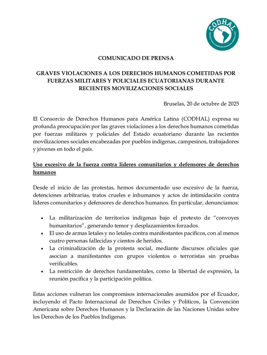 ConsorcioCODHAL's tweet photo. El @ConsorcioCODHAL denuncia graves violaciones a los derechos humanos cometidas por fuerzas militares y policiales en Ecuador durante las recientes movilizaciones sociales.
Exigimos el cese inmediato de la represión, liberación de detenidos arbitrariamente @RelatorDd https://t.co/tlKHq33yRn