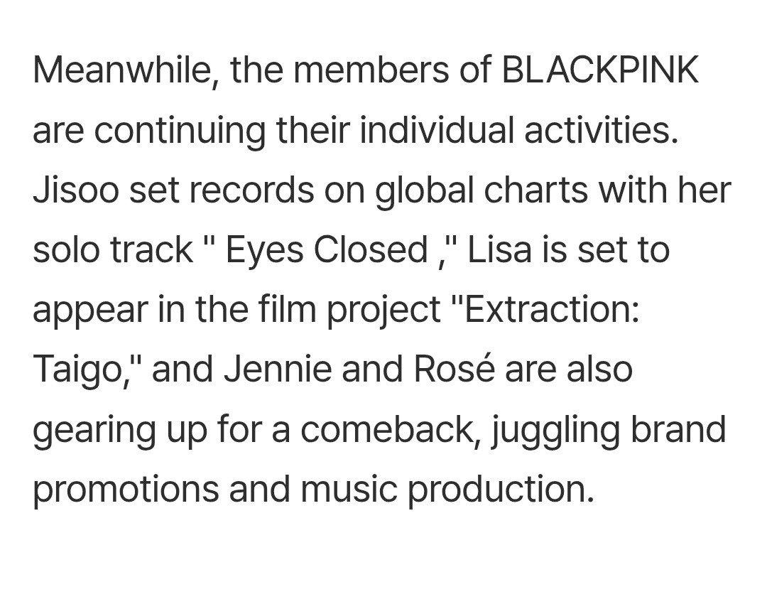 BOM DIA! De acordo com artigo do Naver, #JENNIE e #ROSÉ estão se preparando para um retorno, conciliando as promoções da marca com a produção musical.

m.entertain.naver.com/home/article/3…