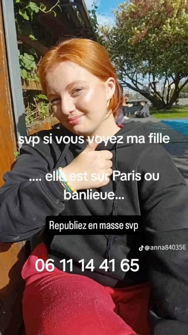 Avis de disparition : Laurence Maas 
Disparue il y a 9 nuits.
Aucune piste.
Signe particulier : rousse, peut-être en jogging.
Lieux suspectés : 
Essonne 91  (Évry, Ris orangis, Bois l'épine, Juvisy),
Ivry-sur-Seine 94, 
Argenteuil 95, 
Aisne 02 (Saint Quentin, Laon). 
Ouvrez l'👁️
