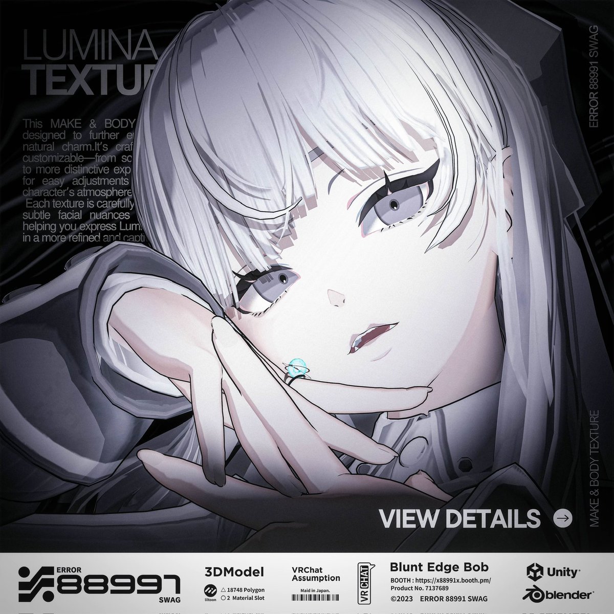 __E8S's tweet image. ≒ ERROR 88991 SWAG ≒
──────────────
#LUMINA_EX 対応
Toon調なMake & Body Textureです。
Unity上である程度完結できるよう
Materialと多数Maskもご用意しております。
また、PSDにてさらに細かく編集が可能です。
よろしくお願いいたします :)