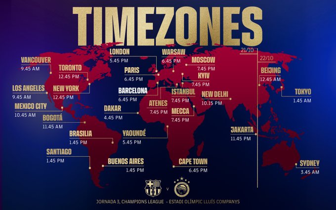 A vibrant blue and purple world map highlights major cities in red with their local times for an event, such as 9:45 AM in Los Angeles, 12:45 PM in New York, 5:45 PM in London, 6:45 PM in Paris, 7:45 PM in Warsaw, 8:45 PM in Moscow, 3:45 PM in Dakar, 9:45 PM in Athens, 10:45 PM in New Delhi, 1:45 AM next day in Jakarta, 4:45 AM in Sydney, 10:45 AM in Vancouver, 1:45 PM in Toronto, 3:45 PM in Buenos Aires, 7:45 PM in Cape Town, 8:45 PM in Sao Paulo, 9:45 PM in Mexico City, 4:45 PM in Bogota, 5:45 PM in Brasilia, 6:45 PM in Rio de Janeiro, and 9:45 PM in Barcelona. The title TIMEZONES appears prominently at the top in large white letters with a gradient background. The FC Barcelona crest is visible in the bottom right corner alongside text indicating the UEFA Champions League match at Estadi Olimpic Lluis Companys.