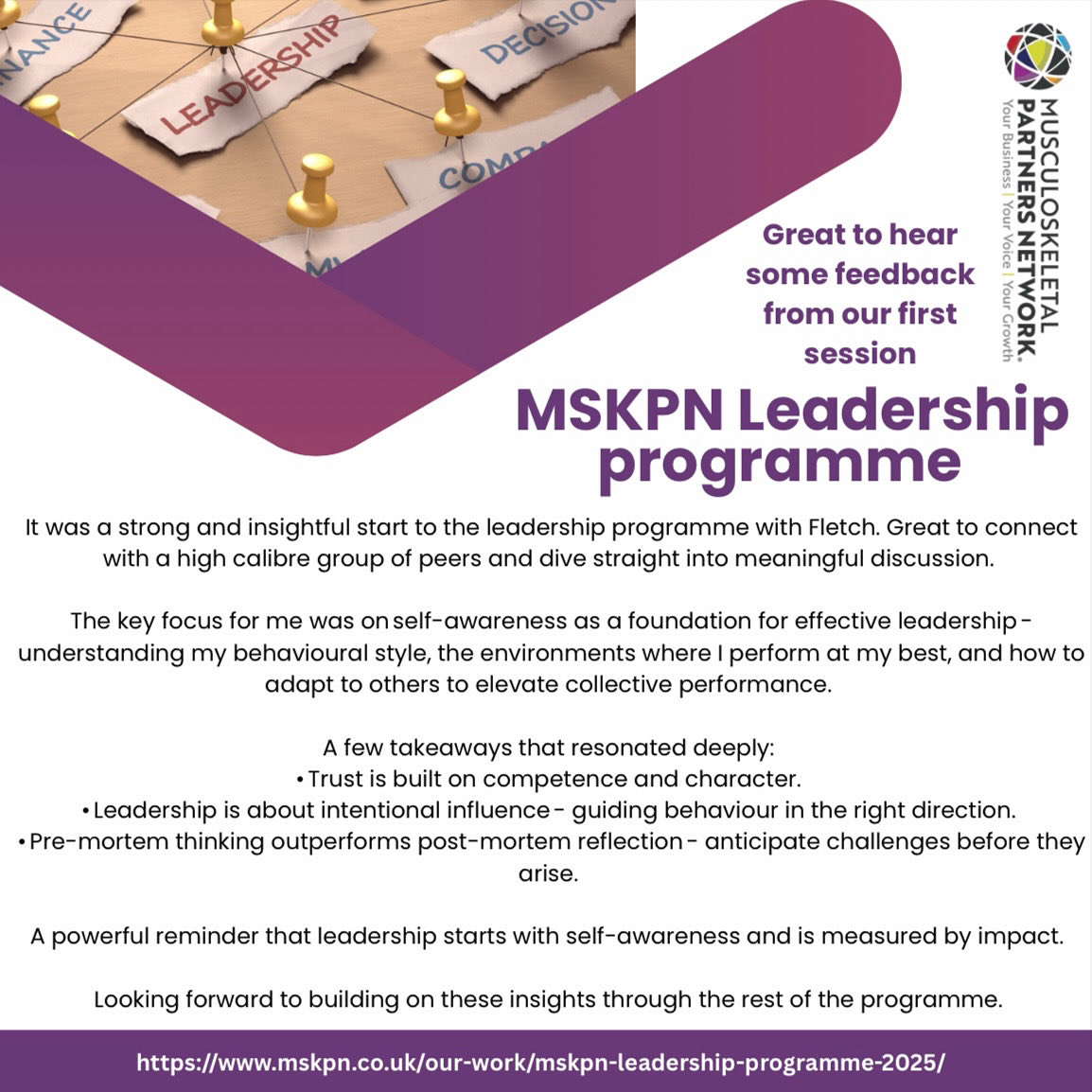 MSKPN Leadership programme  

Great to hear some feedback from our first session. 

mskpn.co.uk/our-work/mskpn…