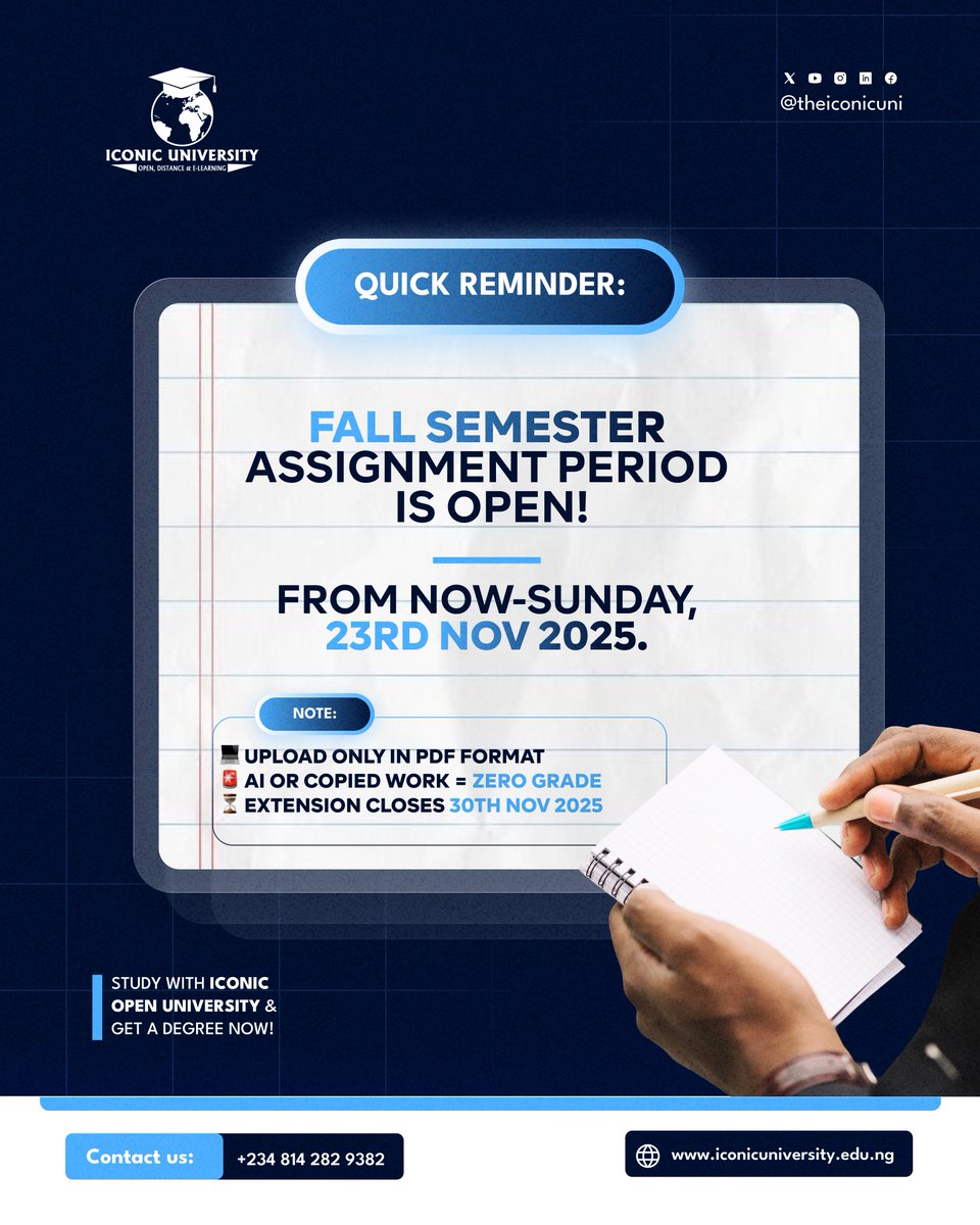 TheIconicUni's tweet image. The Assignment Period is officially HERE! Clear your schedules and get ready to crush those deadlines.

The period commences from now and runs until the 23rd of November. Plan your time wisely, study hard, and submit your best work!

#iconicuniversity #FlexibleLearning