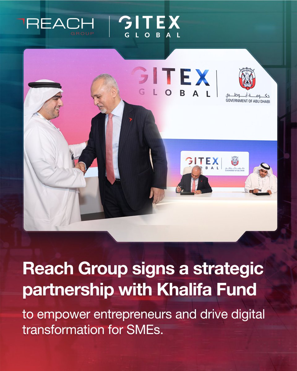 REACHGroupae's tweet photo. At GITEX 2025, Reach Group and Khalifa Fund signed a strategic partnership to deliver comprehensive support services, empowering entrepreneurs and driving SME growth.

@GITEX_GLOBAL 
#ReachGroup #ReachAtGITEX #gitexglobal2025 #GITEXGLOBAL https://t.co/uFiIx2kLOd