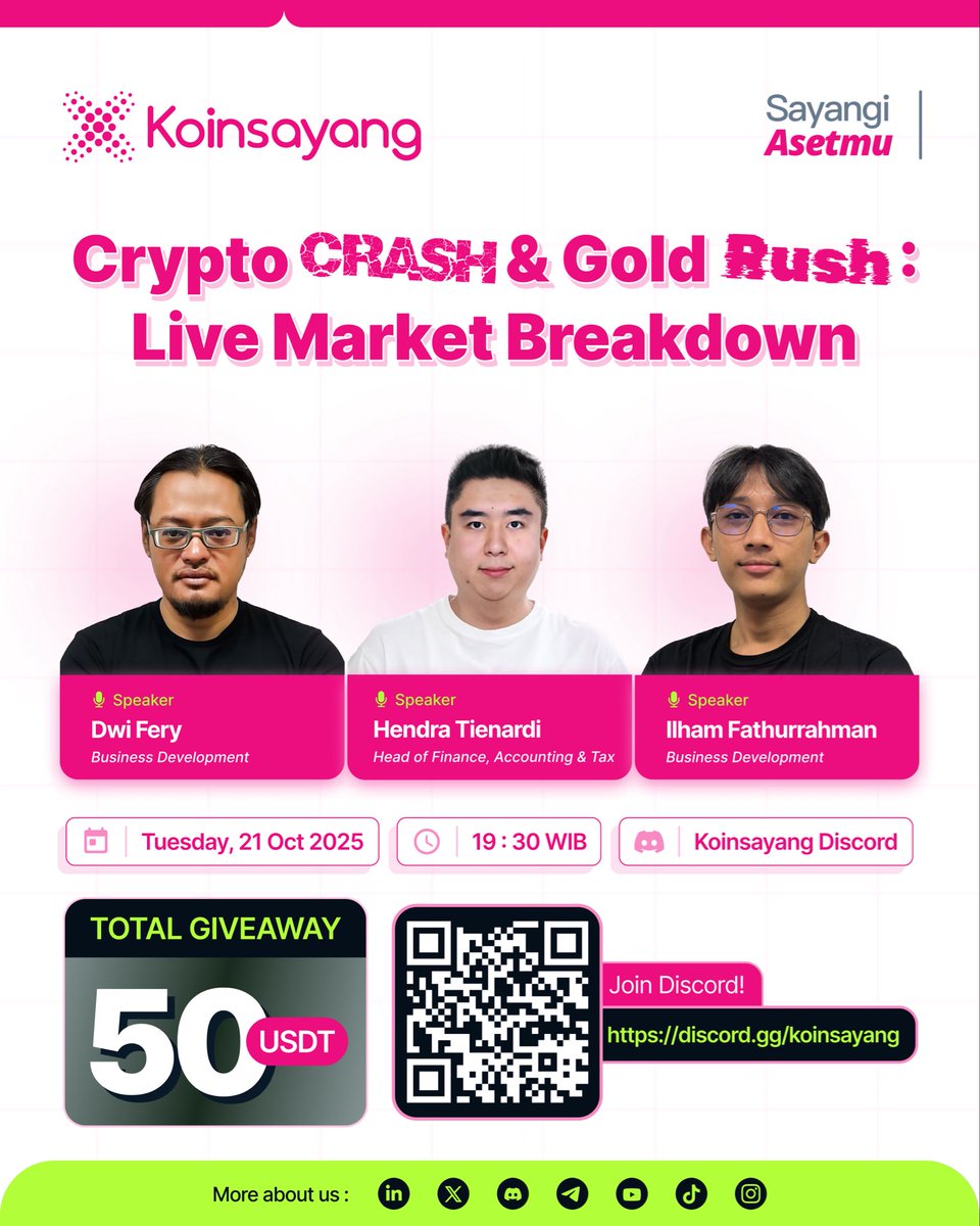 Crypto CRASH &amp; Gold Rush: Live Market Breakdown💥

📅 Selasa, 21 Oktober 2025
🕒 Pukul 19.30 WIB
📍 Live di Koinsayang Discord

Tersedia total giveaway sebesar 50 USDT untuk peserta yang bergabung 🎁

Join discord kita untuk join ya! Link ada di bio 🫰