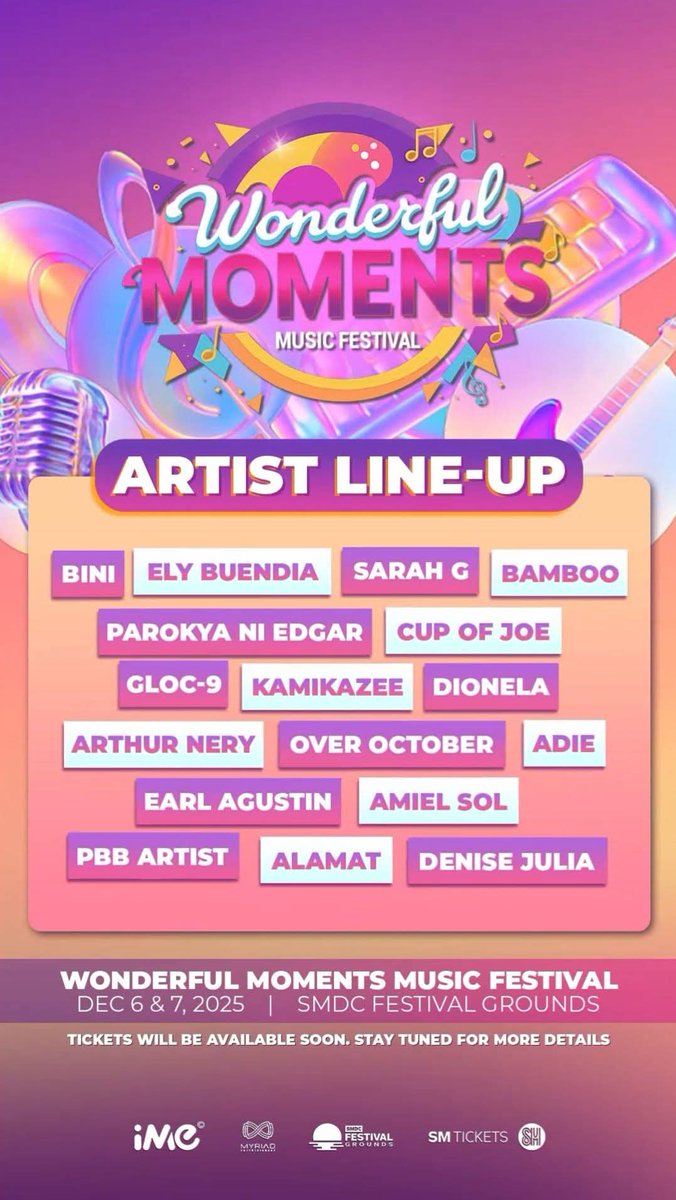 AshMatt_intl's tweet photo. The Popstar Royalty, Sarah Geronimo, has just been announced as part of the #WonderfulMomentsMusicFestival artist line-up!

🗓️ December 6-7, 2025
📍 SMDC Festival Grounds 
🎟️ Available soon. Stay tuned for details. 

@JustSarahG #SarahGeronimo https://t.co/5WITKD0a1T