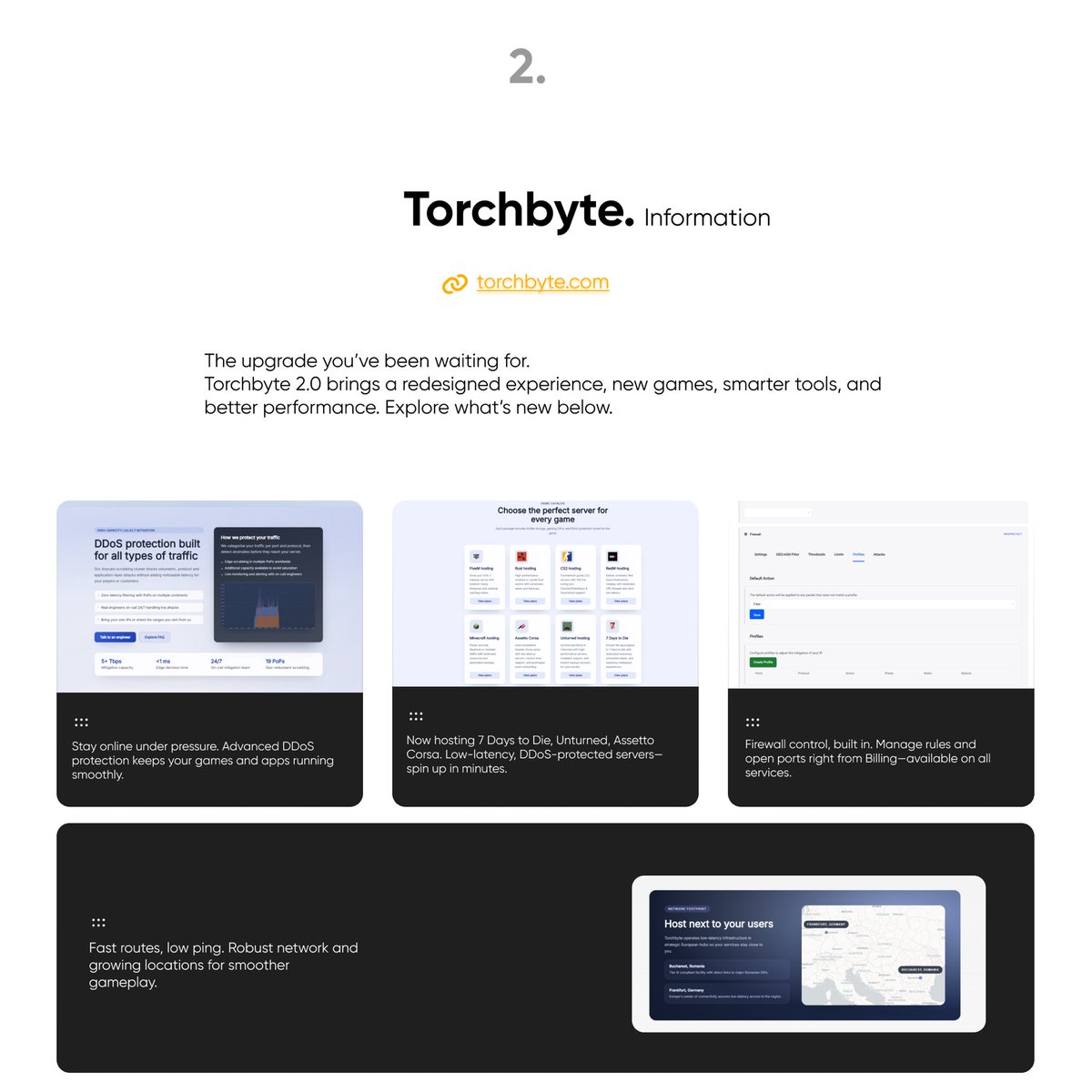 torchbyte's tweet photo. Torchbyte 2.0 is live.
New website, 3 new hosted games (7 Days to Die, Unturned, Assetto Corsa), updated plans & pricing, and a built-in Firewall Panel in the Billing Area for all services.
Faster, simpler, more secure-more updates and new locations coming soon.

Explore now: https://t.co/bWQdaCc3zF

#torchbyte #torchbyte20 #gamehosting #servers #serverhosting #gamingservers #DDoSprotection #lowlatency #7DaysToDie #Unturned #AssettoCorsa #firewall #websiteredesign #cloudhosting #gamercommunity #pcgaming #multiplayer #hostingprovider