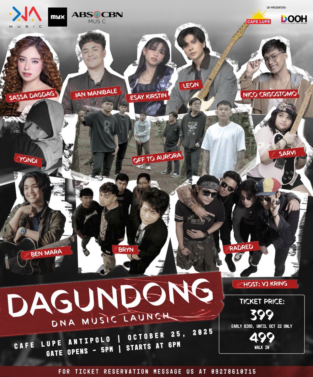 Handa ka na bang maramdaman ang DAGUNDONG?! ⚡🎶

Sama-sama tayo sa DNA Music Launch kasama ang mga bagong tunog at talento ng ating mga artists! 🎤🎸

📍 Cafe Lupe, Antipolo
🗓 October 25, 2025
🕔 Gate opens: 5PM | Start: 6PM
🎟 ₱499 Walk-in

Kita-kits!

#DAGUNDONG #DNAMusicPH