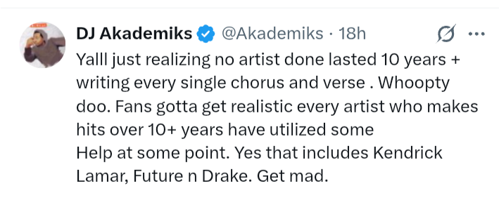 • Not a single artist whom Kendrick gave guest feature accused him of not writing his own verse.

• Kendrick was never accused of stealing other talented artists whole album for himself. Instead producers credit him for coming up with ideas wrt creating music.

• There's not a