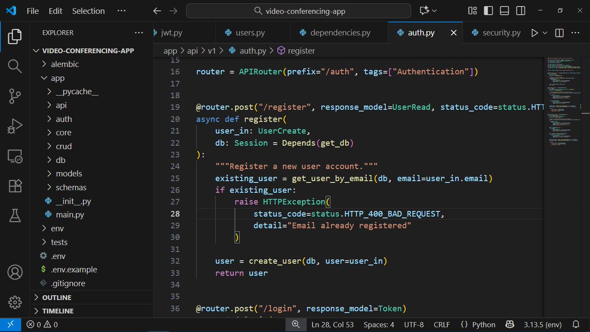 DelightGbolahan's tweet image. After 5 years of building APIs in Django, I decided to learn FastAPI by building a video calling application.
Login and Signup APIs complete ✅
Next step: implementing web sockets
I also plan to build a React js frontend for it.
