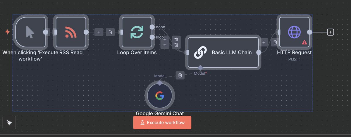 n8nを学習中。RSSから記事を取得しているときに、この「Loop Over Items」を入れないだけで、永遠にRSSからニュースを取り出し続け、永遠にGeminiが処理をしている。ちょっと別の対応をしているだけで、7千円以上Geminiが使ってくれた。誰か強いお酒をください。