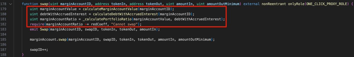 Solidity 代码片段，突出显示 Sharwa Finance 的 MarginTrading swap 函数中有缺陷的资不抵债检查