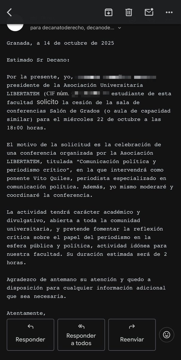 🔴 #URGENTE | La Universidad de Granada miente con descaro: hubo permiso y denegaron mi acto por motivos ideológicos. 

Obviamente mantenemos el acto y exigimos al rector que garantice la libertad de expresión en la institución. 

Pido máxima difusión. Que la verdad se sepa.