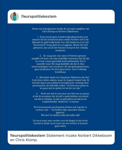 Kennelijk leert verwarde vrouw <a href="/Fleurspolitiek/">Fleur van der Pols</a> niets van een week twittergevangenis. Mevrouw heeft een heel statement geplaatst (voor wie eigenlijk) op haar Instagram. Vol met leugens. Dus maar even een reactie: