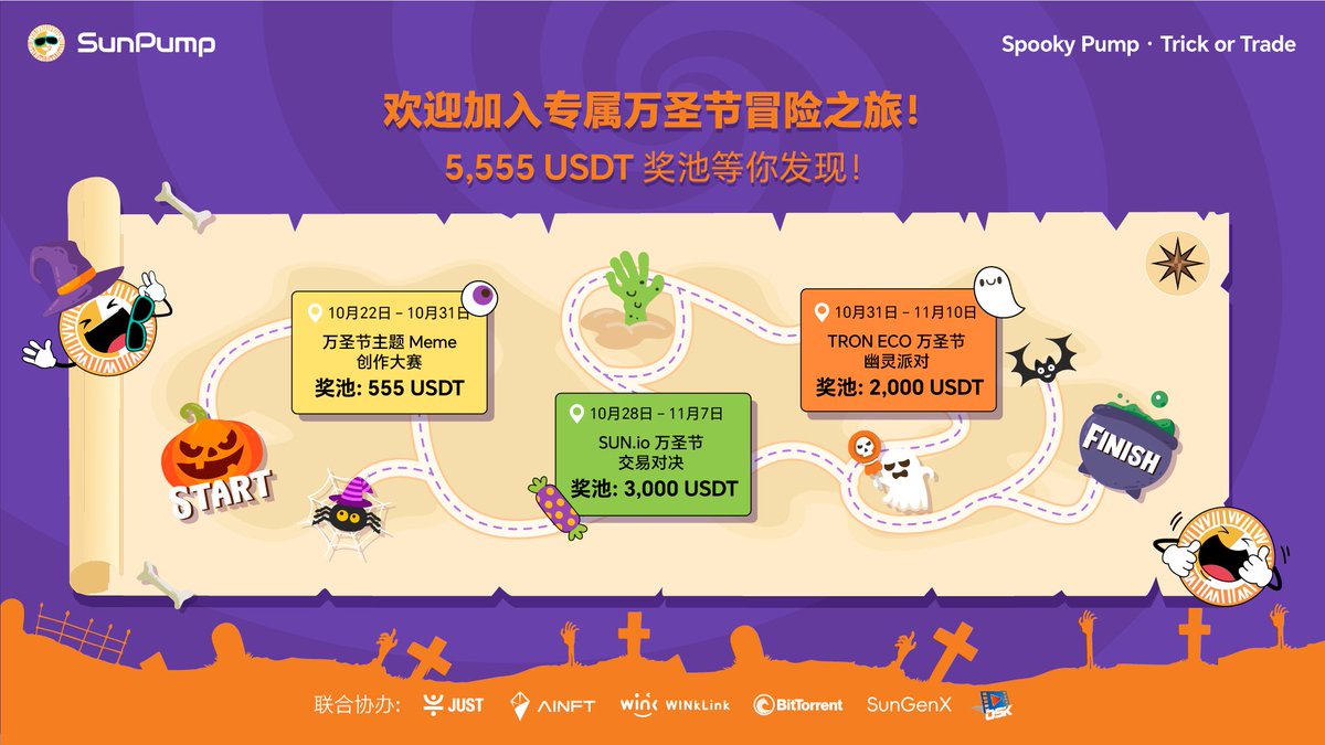 sunpumpmeme's tweet image. 🎃 Spooky Pump · Trick or Trade 👻

SunPump的万圣节派对要开场啦！
10月22日到11月10日，我们将用 Trick meme创作、Trade交易挑战，还有特别 TRON ECO 万圣节幽灵盛会 系列活动，带你一起玩出一个不一样的万圣节

创意、欢乐、惊喜统统安排上🕸️

感谢本次活动赞助商 @OSK_Continue 以及共同主持…