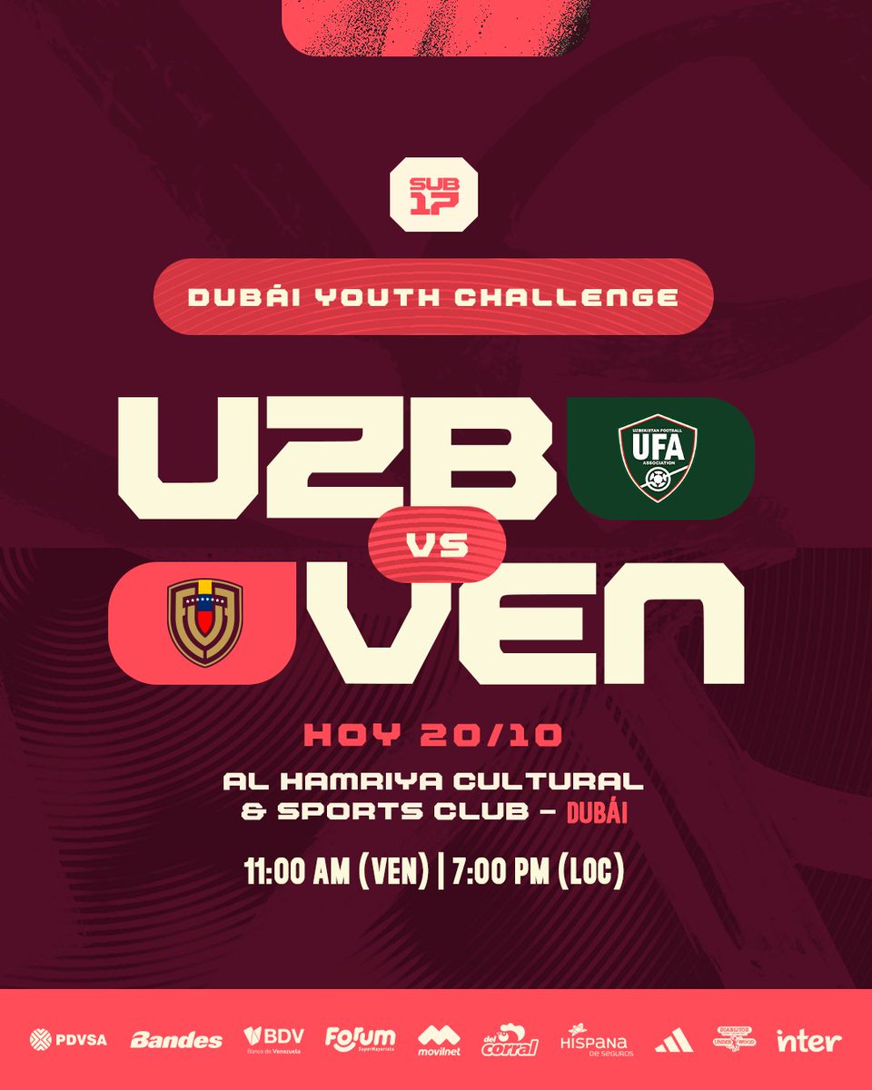 SeleVinotinto's tweet image. 𝐇𝐎𝐘 𝐉𝐔𝐄𝐆𝐀 𝐋𝐀 𝐕𝐈𝐍𝐎𝐓𝐈𝐍𝐓𝐎 𝐒𝐔𝐁𝟏𝟕 🇻🇪

Listos para el debut en el 𝗗𝘂𝗯𝗮́𝗶 𝗬𝗼𝘂𝘁𝗵 𝗖𝗵𝗮𝗹𝗹𝗲𝗻𝗴𝗲 ante Uzbekistán 💪🏼

Preparandonos para el @fifaworldcup 🏆
 
⌚️ 11:00 AM (VEN) | 7:00 PM (LOC)
🏟 Al Hamriya Cultural &amp;amp; Sports Club, Dubái (EAU)…