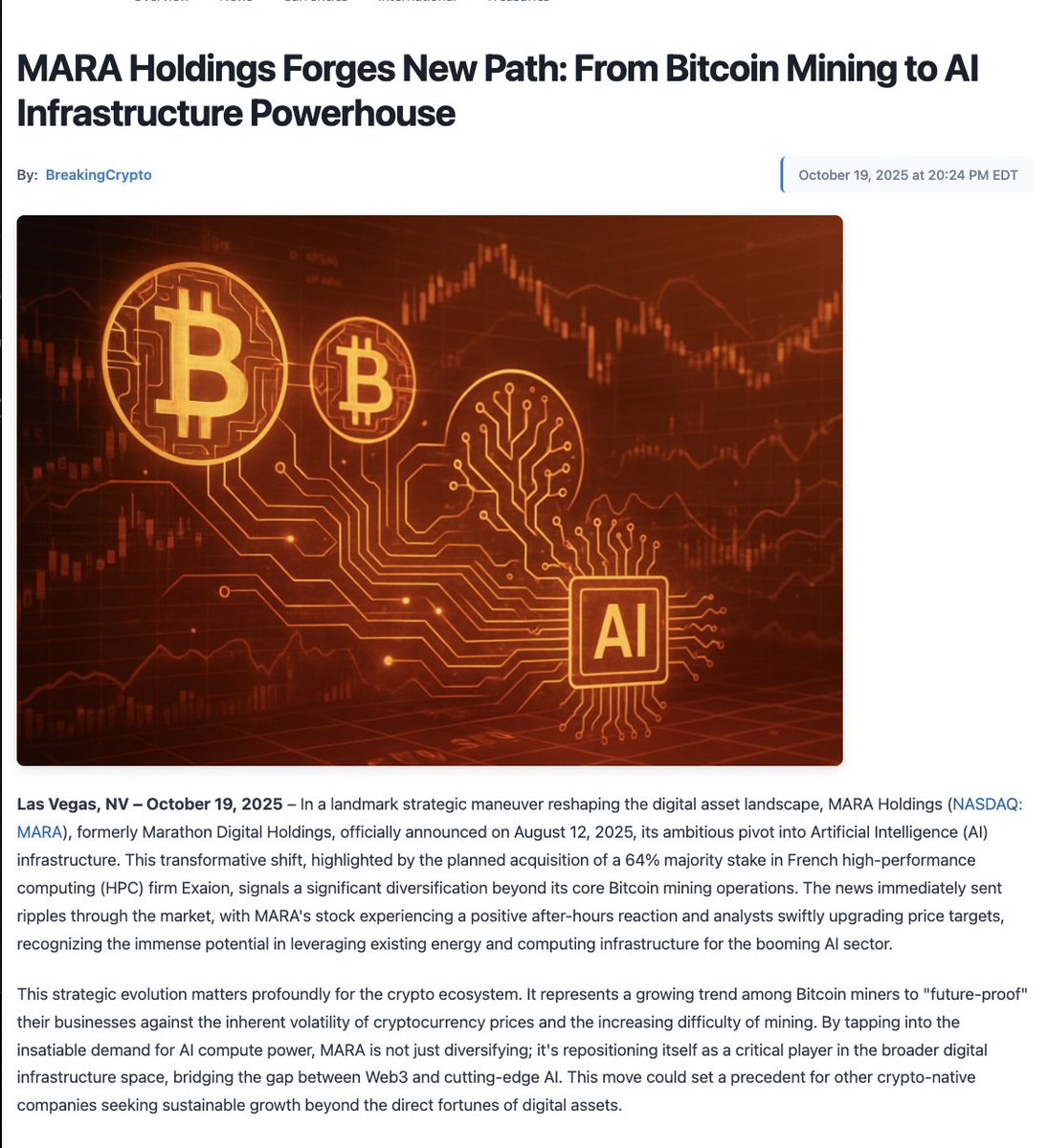 CK_Cryptoklepto's tweet image. $MARA is transforming into a diversified digital infrastructure powerhouse, bridging two of the most dynamic technological frontiers (BTC +AI)
Article Link: markets.financialcontent.com/stocks/article…