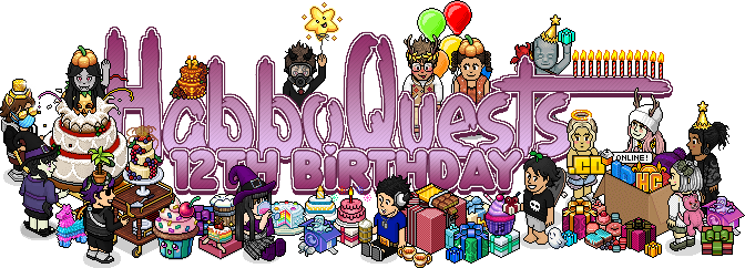 🎁 HabboQuests is turning 12 this week! 🎁
Join us in celebrating by partaking in our birthday themed competitions &amp; our special birthday party for the chance to win tokens, HQ site badges &amp; over 500 coins! 
For more details, check the full article: habboquests.co/article/343