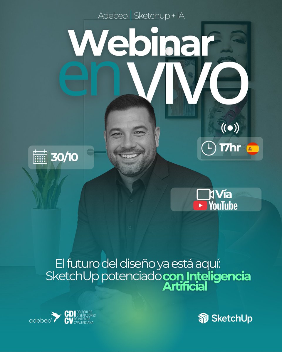 CDICV (@cdicv) on Twitter photo 💻WEBINAR GRATUITO 'DISEÑO DE INTERIORES INTELIGENTE CON SKETCHUP + IA'
📅JUEVES 30 DE OCTUBRE A LAS 17:00h
<a href="/adebeo/">Adebeo</a> 
+info y reserva de plaza: lacasaead.com/evento/diseno-…
#CDICV #LaCasaEAD #ADEBEO #SketchUp 💻WEBINAR GRATUITO 'DISEÑO DE INTERIORES INTELIGENTE CON SKETCHUP + IA'
📅JUEVES 30 DE OCTUBRE A LAS 17:00h
<a href="/adebeo/">Adebeo</a> 
+info y reserva de plaza: lacasaead.com/evento/diseno-…
#CDICV #LaCasaEAD #ADEBEO #SketchUp
