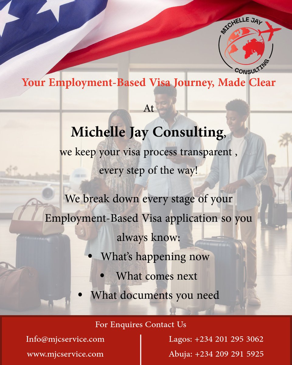 mjc_service's tweet image. Transparency. Guidance. Results.

At Michelle Jay Consulting, we make your Employment-Based Visa journey clear, honest, and stress-free, from consultation to approval.

#MichelleJayConsulting #VisaExperts #TransparentProcess #EmploymentVisa #RelocationMadeSimple #VisaGuidance