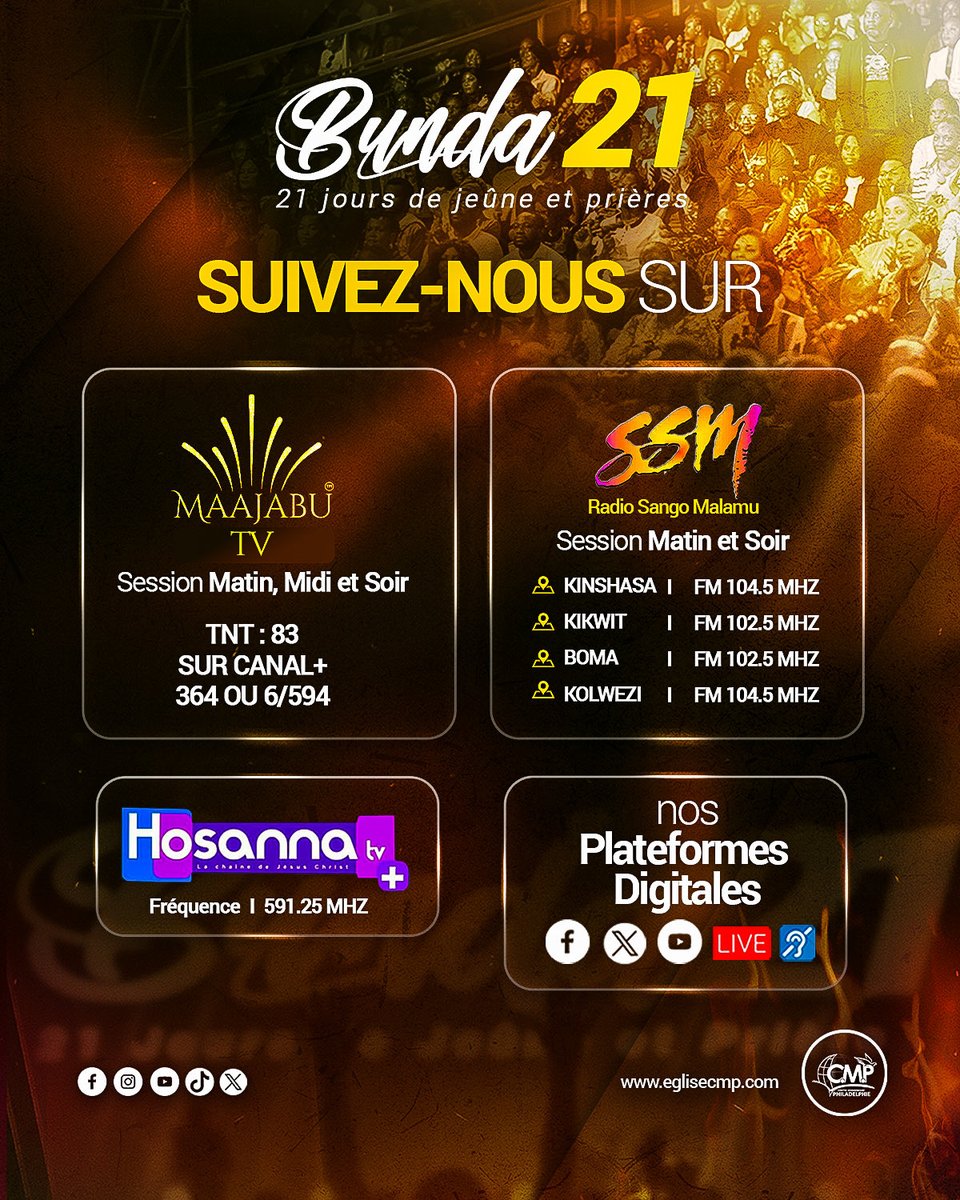 🔥 Même à distance, vis intensément Bunda 21 ! 🔥

Tu ne peux pas te rendre au temple ?
Bonne nouvelle : la présence de Dieu peut te rejoindre là où tu es !

Suis-nous sur :

📌Maajabu TV
Session Matin, Midi et Soir
TNT : 83 | Canal+ : 364 ou 6/594

📌 Radio Sango Malamu (SSM)