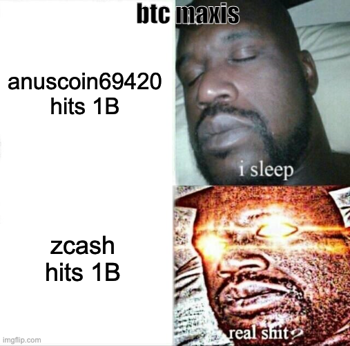 Anuscoin이 시가총액 10억 달러를 찍었을 때는 잠자는 BTC maxis지만, Zcash가 같은 성과를 내자 흥분해 깨어나는 모습을 묘사한 밈