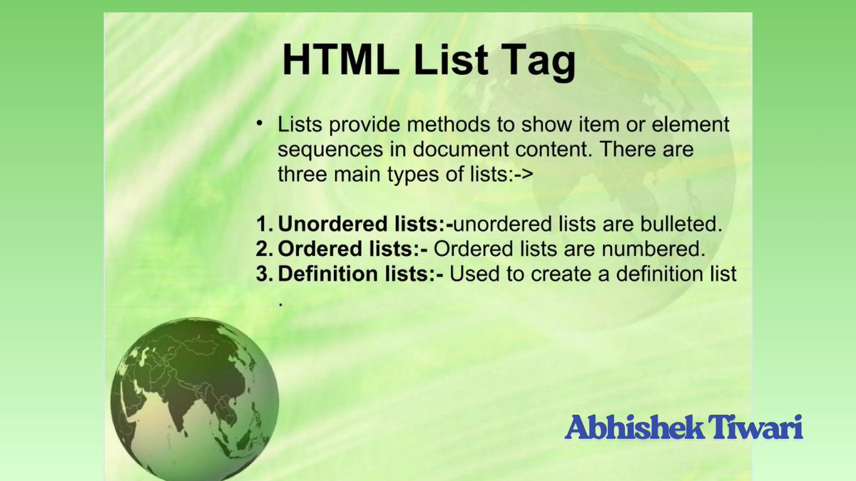 Abhishek__Code's tweet photo. Lists in HTML 

• Lists in HTML provide methods to show items or elements in sequences in document content. 

There are three main types of lists :

1) Unordered Lists
2) Ordered Lists
3) Definition Lists

• HTML List Tags

1) <li>
2) <ol>
3) <ul>
4) <dl>
5) <dt>
6) <dd> https://t.co/5Ipvk8QhRR