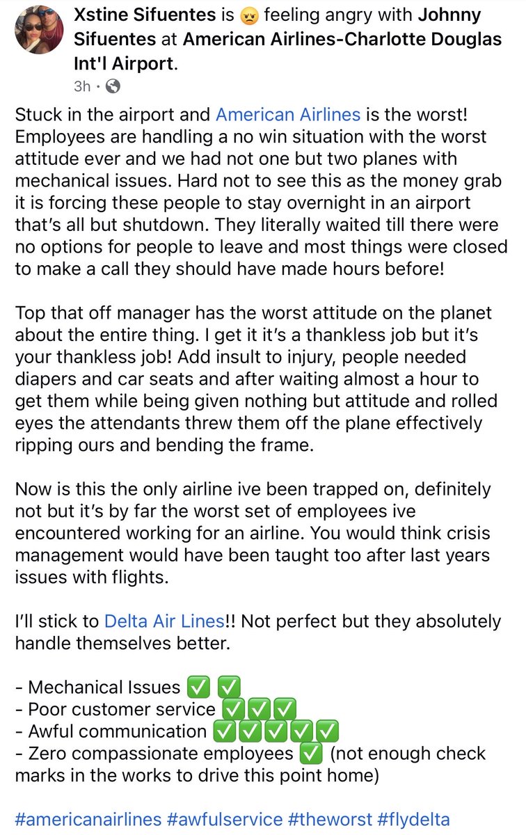 xstine20's tweet photo. @AmericanAir you are absolutely the worst &amp; should be #ashamed of yourselves!
#MechanicalIssues ✅ ✅
#Poorcustomerservice ✅✅✅
#Awfulcommunication ✅✅✅✅✅
#Zerocompassionateemployees 💣
#DamagedProperty ✅
 @Delta will give you blankets &amp; assist the #disabled https://t.co/s0u4hItlyF