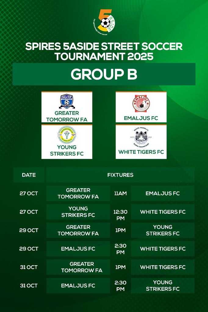 Spires5Aside's tweet photo. You asked for it ,and now you have it.The Spires 5aside State Championship fixtures.

Venue:The Stables sports centre Surulere.
26th of October is the date 🔥🔥⚽ https://t.co/Cgl0rDE9BB