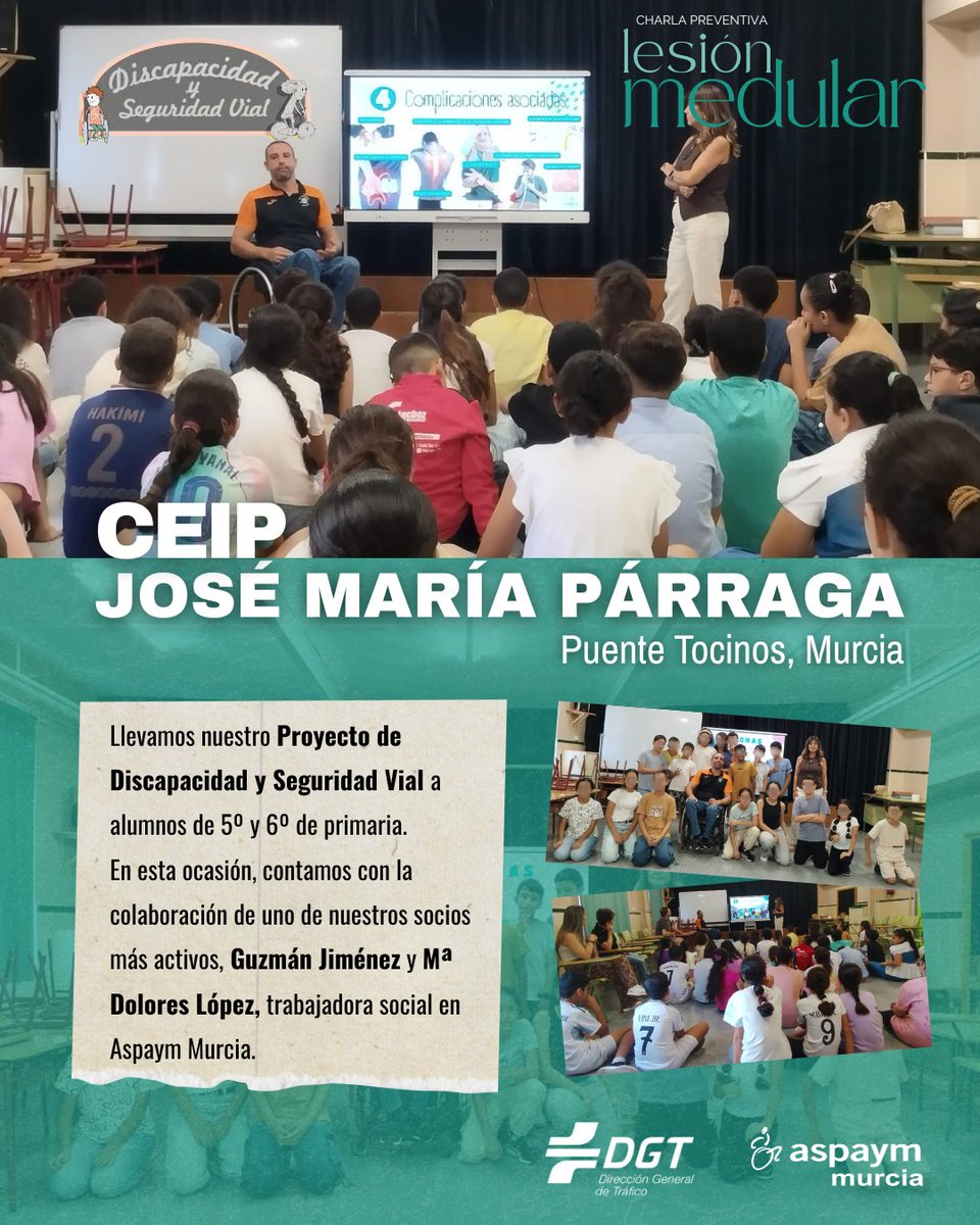 🚸Educar desde la infancia es clave para una sociedad más segura e inclusiva.

En <a href="/AspaymMurcia/">ASPAYM MURCIA</a> visitamos el CEIP José María Párraga (Puente Tocinos) donde 53 alumnos aprendieron sobre #Discapacidad y #SeguridadVial 👧👦

Proyecto subvencionado por la <a href="/DGTes/">Dir. Gral. Tráfico</a> y <a href="/ASPAYMNACIONAL/">ASPAYM Nacional</a> 💚